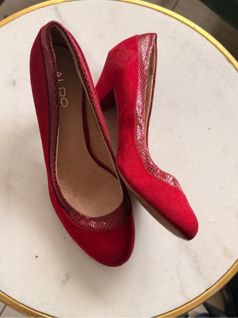 ALDO Red Suede & Snakeskin-Trim Block Heel Pumps